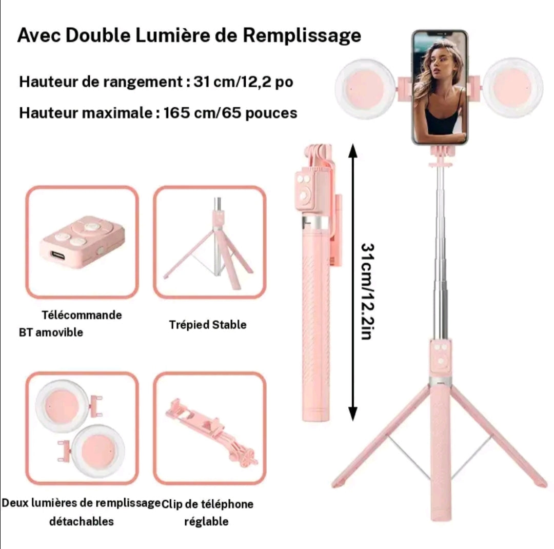Trépied / Perche à Selfie Rose Télescopique avec Double Anneau Lumineux | Real Studio