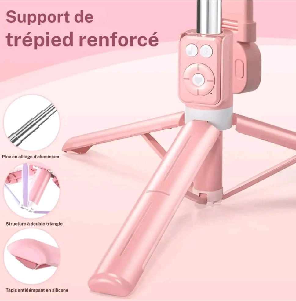 Trépied / Perche à Selfie Rose Télescopique avec Double Anneau Lumineux | Real Studio